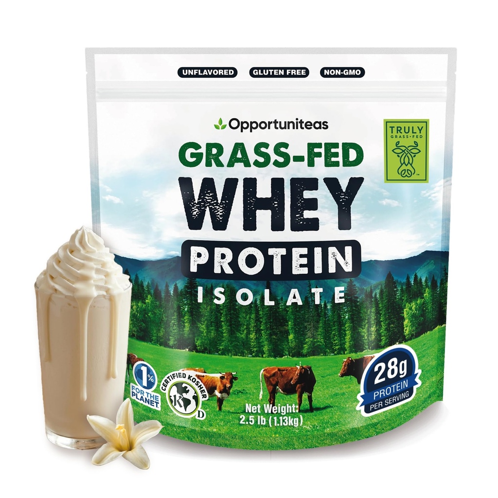 Opportuniteas Grass Fed Vanilla Whey Isolate Protein Powder – 22g Protein, Heavy-Metal Tested, Organic Vanilla Flavor, No Stevia, Non-GMO, Hormone-Free, Sourced from Ireland, 2.5lb