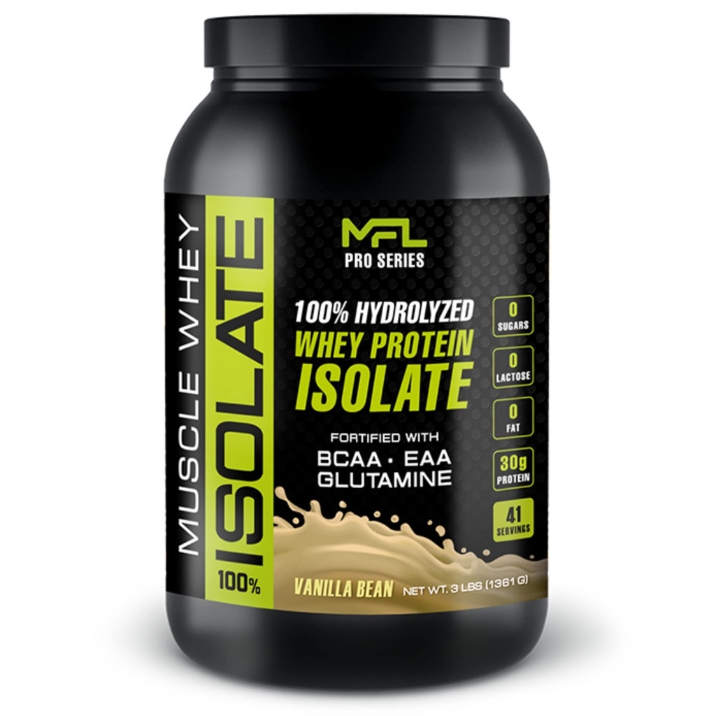 MFL 100% Isolate Protein l 30g of Protein l BCAAs l Keto Friendly l Low Carbs l Gluten Free l 3 lbs. (Vanilla Bean)