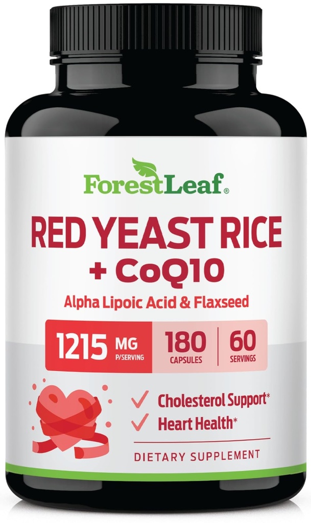 ForestLeaf Riz rouge de levure avec supplément CoQ10 - 1215mg Capsules de riz rouge de levure avec acide alpha lipoïque et lin organique, sans citrine - 180 Capsules