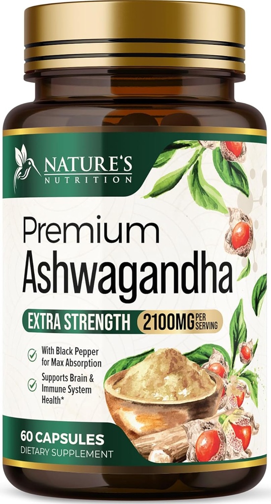 Suppléments Ashwagandha - 2100mg Ashwagandha Capsule pour les femmes et les hommes, Support antioxydant naturel, Extrait de racine Ashwa, Support calmant extra-fort avec poivre noir, végétalien et sans gluten - 60 capsules