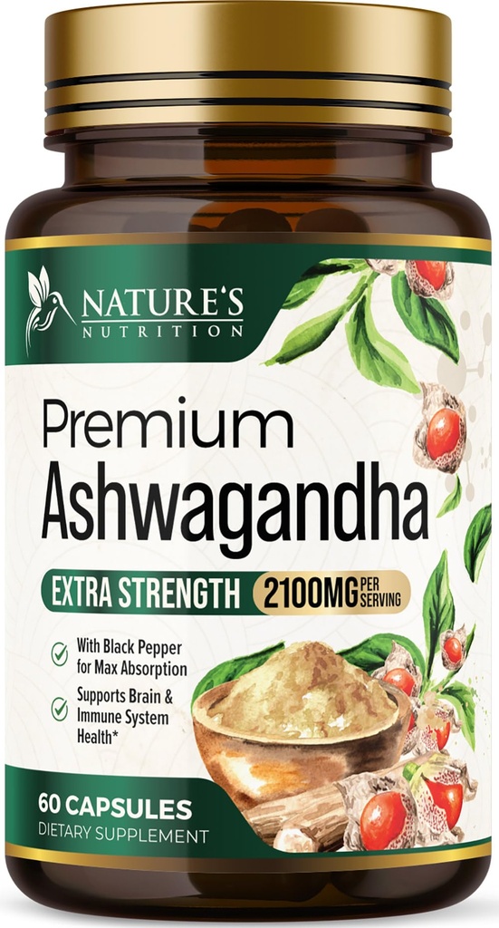 Suppléments Ashwagandha - 2100mg Ashwagandha Capsule pour les femmes et les hommes, Support antioxydant naturel, Extrait de racine Ashwa, Support calmant extra-fort avec poivre noir, végétalien et sans gluten - 60 capsules