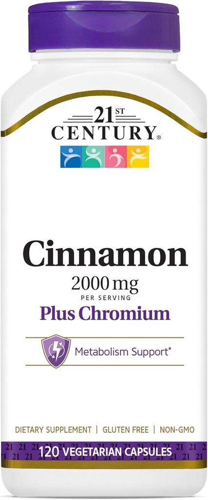 21st Century 2000 mg Cinnamon Plus Capsules végétariennes de chrome (120 Count), Suppléments de cannelle soutient le métabolisme du sucre et des glucides, sans gluten, non-OGM, pas d'arôme artificiel ajouté
