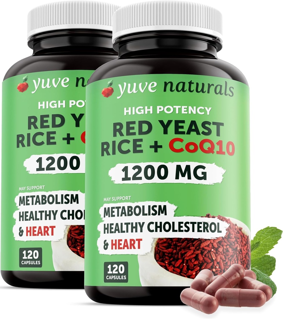 Riz de levure rouge 1200 mg Capsules avec CoQ10 - Maintenir des niveaux de cholestérol sains, Herbal Heart Health Supplément de riz de levure rouge végétalien - Levure de riz rouge avec CoQ10 pour les femmes et les hommes - 120 Ct (2-Pack)