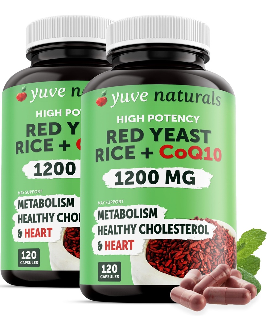Riz de levure rouge 1200 mg Capsules avec CoQ10 - Maintenir des niveaux de cholestérol sains, Herbal Heart Health Supplément de riz de levure rouge végétalien - Levure de riz rouge avec CoQ10 pour les femmes et les hommes - 120 Ct (2-Pack)