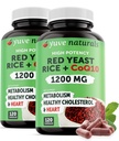 Riz de levure rouge 1200 mg Capsules avec CoQ10 - Maintenir des niveaux de cholestérol sains, Herbal Heart Health Supplément de riz de levure rouge végétalien - Levure de riz rouge avec CoQ10 pour les femmes et les hommes - 120 Ct (2-Pack)