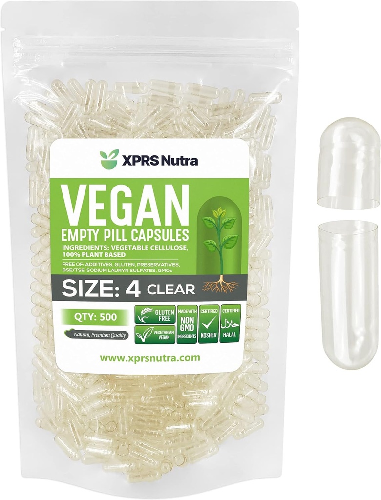 XPRS Nutra Taille 4 Capsules vides - 500 Compter Effacer Petites Capsules Vegan vides - Bricolage Gélule végétale Remplissage - Remplir Do-I-Youggie Pill Caps pour Suppléments