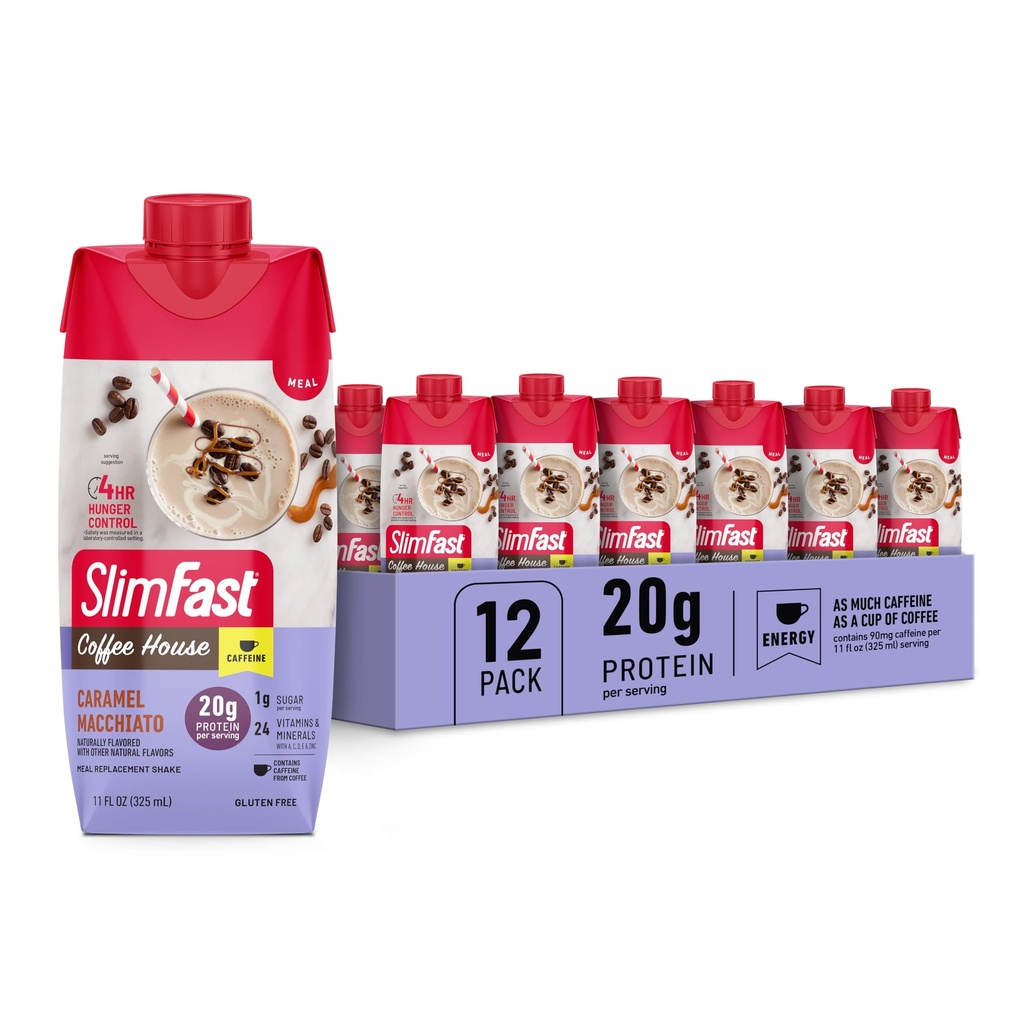 SlimFast Protein Shake avec de la caféine, Caramel Macchiato- 20g protéines, substitut de repas Shakes, haute protéine avec faible glucides et faible sucre, 24 vitamines et minéraux, 12 Compte (paquet de 1)