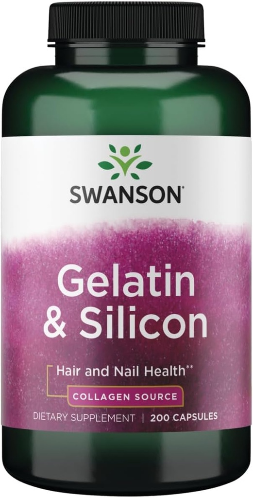Swanson Gélatine et Silicone - Les protéines collagènes qui soutiennent les cheveux et les ongles sains - aide à livrer des minéraux vitaux pour les ongles forts et les cheveux épais - 20mg Silicon et 1,08 Grams Gélatine - (200 Capsules)