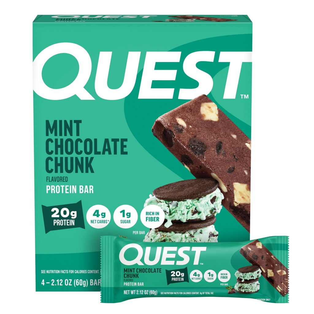 Quest Nutrition Mint Chocolate Chunk Protein Bars, 20g Protein, 1g Sugar, 4g Net Carb, High Fiber, Gluten Free, Keto Friendly, 4 Count
