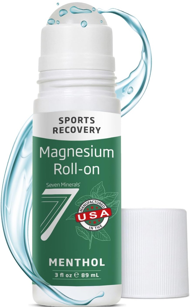 Seven Minerals Magnesium Roll On Stick with Menthol for Pain Relief - Cooling Magnesium Oil for Sports Recovery, Sore Muscles, Backache - Fast Acting - All Natural Alternative, 3 Fl Oz
