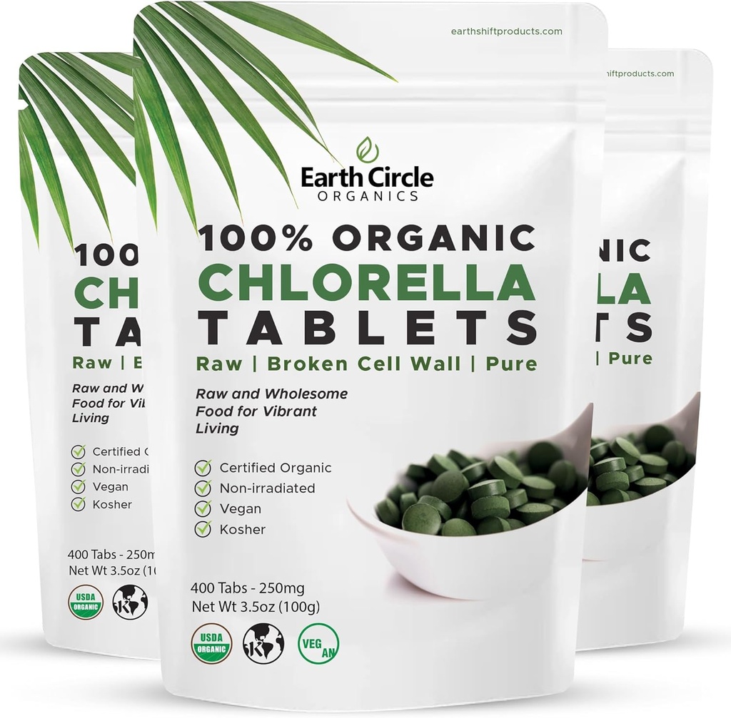 Organic Chlorella Tablets 400 Count | High Potency Superfood | Chlorophyll Pills from 100% Pure Green Algae | Broken Cell Wall for Maximum Absorption | Vegan, Kosher, Non-GMO | 4 Tabs per Day (3-Pack)
