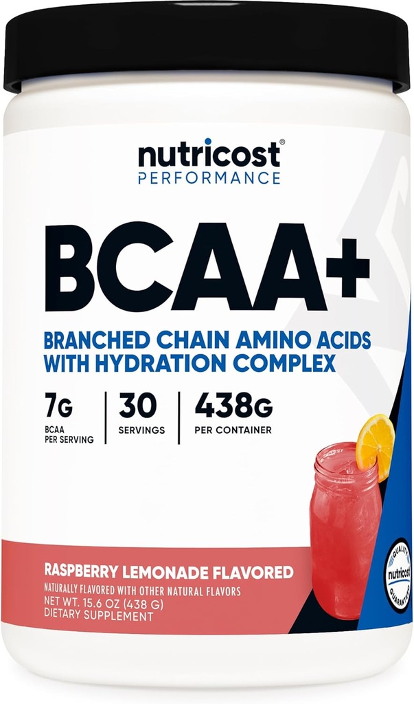 Nutricost BCAA + Poudre d'hydratation (Lémonade aux framboises) 30 portions - Acides aminés à chaîne ramifiée avec complexe d'hydratation - Sans gluten, sans OGM