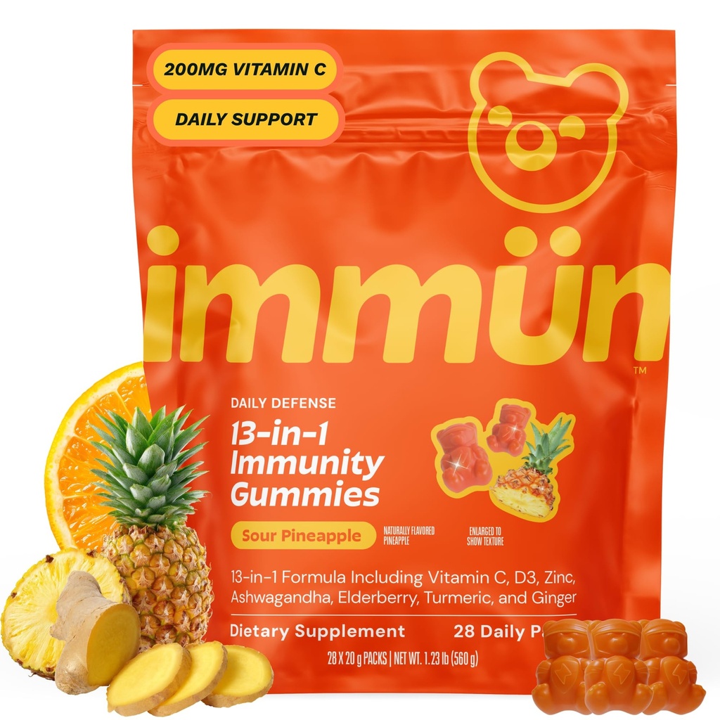 Grüns Immun Immunity Gummies with Vitamin C, Zinc, MCT Oil, & Turmeric - Daily Immune Support Supplement for Adults - Sour Pineapple Flavor (28 Count)