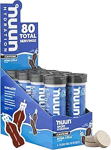 Nuun Sport + Caféine Comprimés électrolytiques - Dissolvable dans l'eau, Kona Cola Flavor, 5 électrolytes essentiels pour l'hydratation, 1g mélange de boisson sucrière, végétalien, non-OGM, 8 pack (80 portions totales)