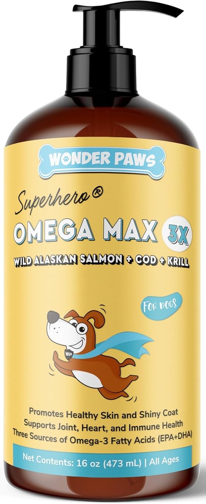Wonder Paws Fish Oil for Dogs - Oméga 3 pour les chiens du saumon, de la morue et de l'huile de krill de l'Alaska - Acide gras de l'EPA DHA - Moins de mouture et de démangeaison - Peau, articulaire, immunitaire et santé du coeur - Supplément liquide (16 oz)