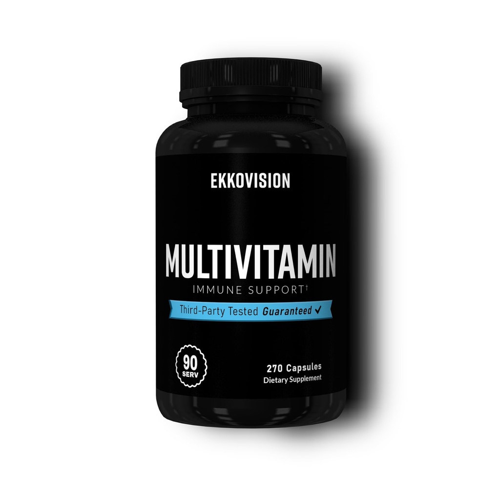 Ekkovision Multivitamin, Includes Vitamin, B, C, E, D3 & K2, Zinc, Selenium, Biotin & Folic Acid, Iron Free Formula, Plant Based Multi Vitamin for Men & Women, 90 Servings, 270 Veggie Capsules