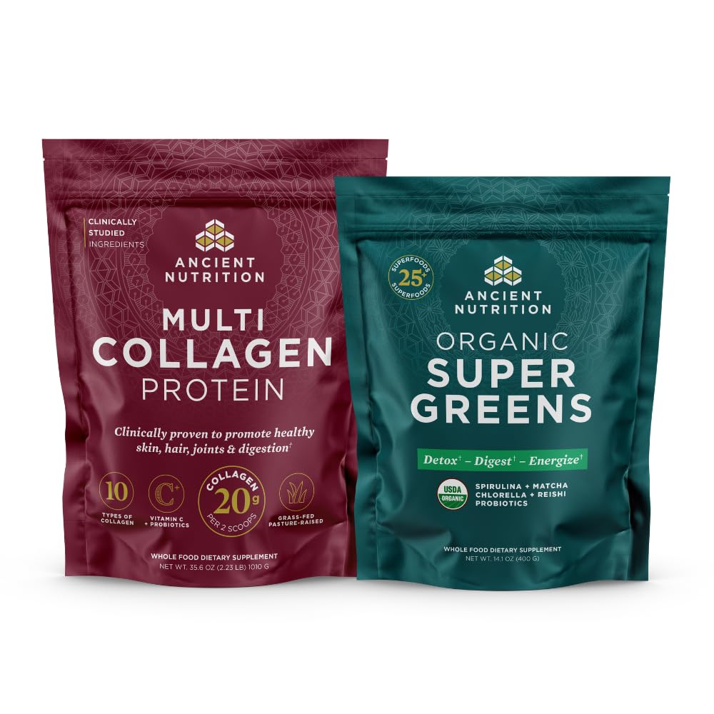 Ancient Nutrition Multi Collagen Peptides Protein Powder, Unflavored, 100 Servings + Organic Supergreens Powder, Unflavored, 50 Servings