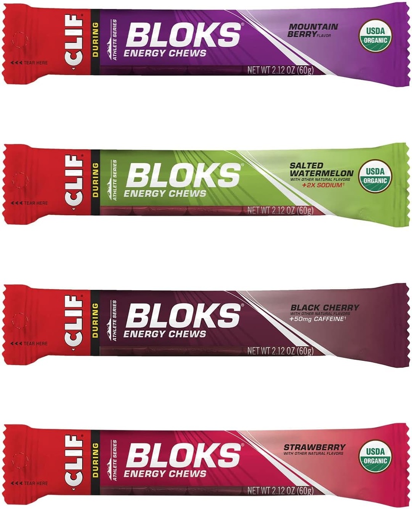 CLIF BLOKS - Chews énergétiques - 4 packs de variétés de saveurs - non-OGM - aliments végétaux - glucides rapides pour le vélo et la course - snack d'entraînement (2,1 Ounce Packet, 12 comtes)