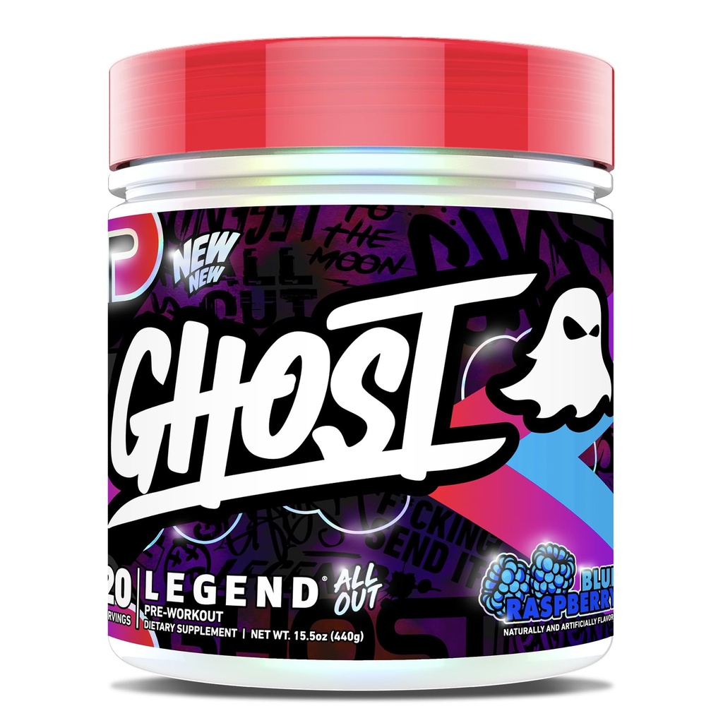 GHOST Legend All Out Pre-Workout Powder, Blue Raspberry - 20 Servings - Pre-Workout Supplement for Men & Women - Energy & Pumps - Caffeine, Citrulline, Beta Alanine, Betaine, NO3-T - Sugar Free