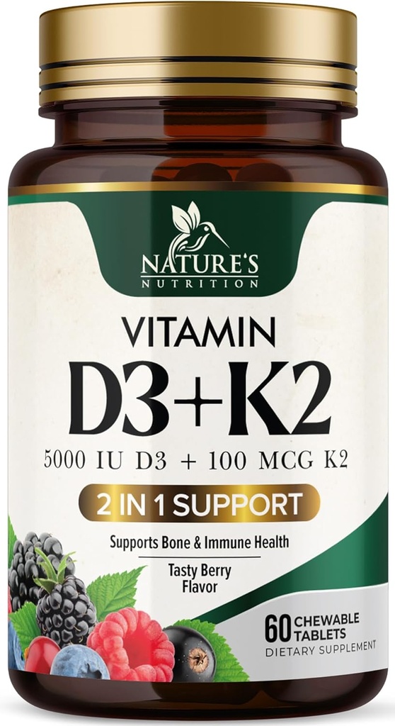 Vitamine D3 K2 Supplément: 5000 UI D3 + K2 100 mcg: MK-7 K2 avec vitamine D.Supporte la santé immunitaire, cardiaque, des dents et des os - La nature est facile à mâcher, VIT D3 K2, non-OGM, goût de baies savoureux - 60 comprimés