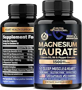 Taurat de magnésium 1500 mg avec les vitamines B6, C & D3 - Poivre pour l'absorption améliorée - Testé en laboratoire, Fabriqué aux États-Unis - 120 capsules, 2 mois d'approvisionnement