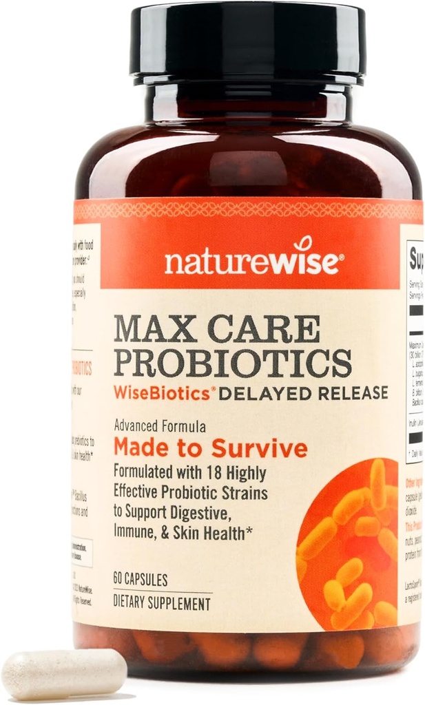 NatureWise Max Probiotiques pour les femmes et les hommes - 30 milliards CFU 18 souches avec prébiotiques - Pour la santé gustative et digestive - Capsules de libération retardée, sans gluten - 60 capsules[2-Mois]