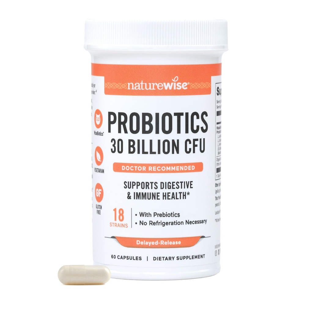NatureWise Max Probiotiques pour les femmes et les hommes - 30 milliards CFU 18 souches avec prébiotiques - Pour la santé gustative et digestive - Capsules de libération retardée, sans gluten - 60 capsules[2-Mois]