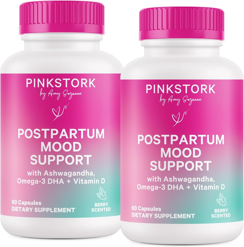 Pink Stork Postpartum Mood Support - Balance hormonale postnatale pour les mamans - Allaitement amical - Stress et soutien cognitif, Essentiels postpartum - Ashwagandha, Camomille et vitamine D, 120 Capsules