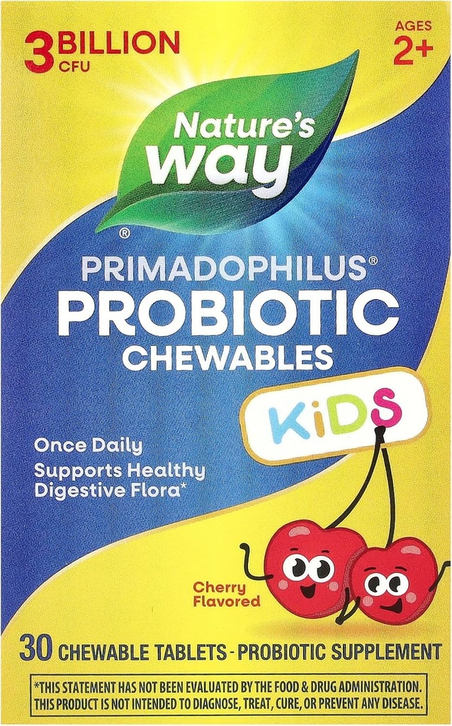 Nature's Way Primadophilus Probiotic Chewables pour les enfants, soutient la flore digestive saine*, pour les enfants âgés de 2 ans et plus, 3 milliards UFC, 30 chrysalides aromatisés (paquetage May Vary)