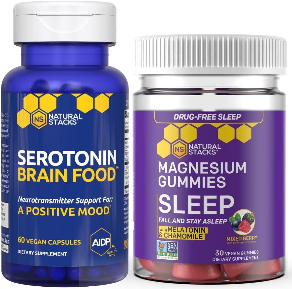 NATURAL STACKS Sleep Magnesium Gummies + Serotonin Brain Food Bundle - Supports Quality Sleep & Positive Mood* - 90 Total Pieces
