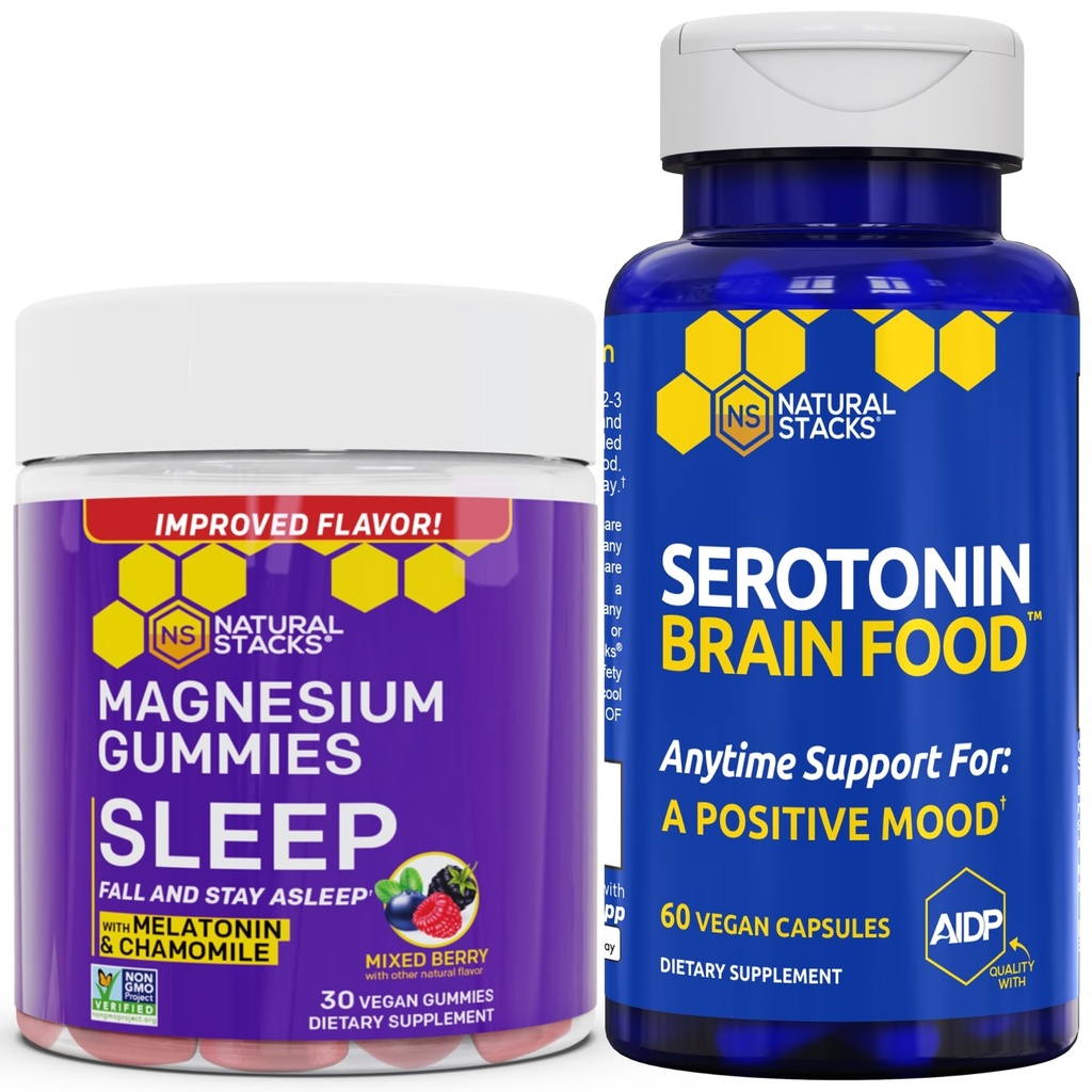 STACKS NATURELS Sleep Magnésium Gommies + Sérotonine Cerveau Alimentation - Soutient la qualité du sommeil et de l'humeur positive* - 90 pièces Total