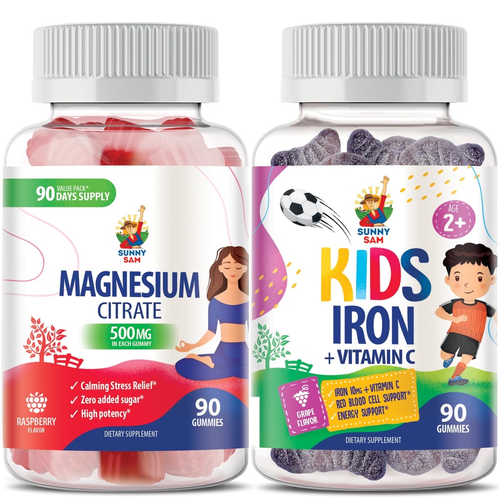 SUNNY SAM Gommies de fer pour les enfants et les adultes & Gommies de magnésium pour les adultes - 500mg - Chews de magnésium calme - supplément de citrate de magnésium pour le soutien de l'humeur et des muscles. Vitamines de fer avec vitamine C.