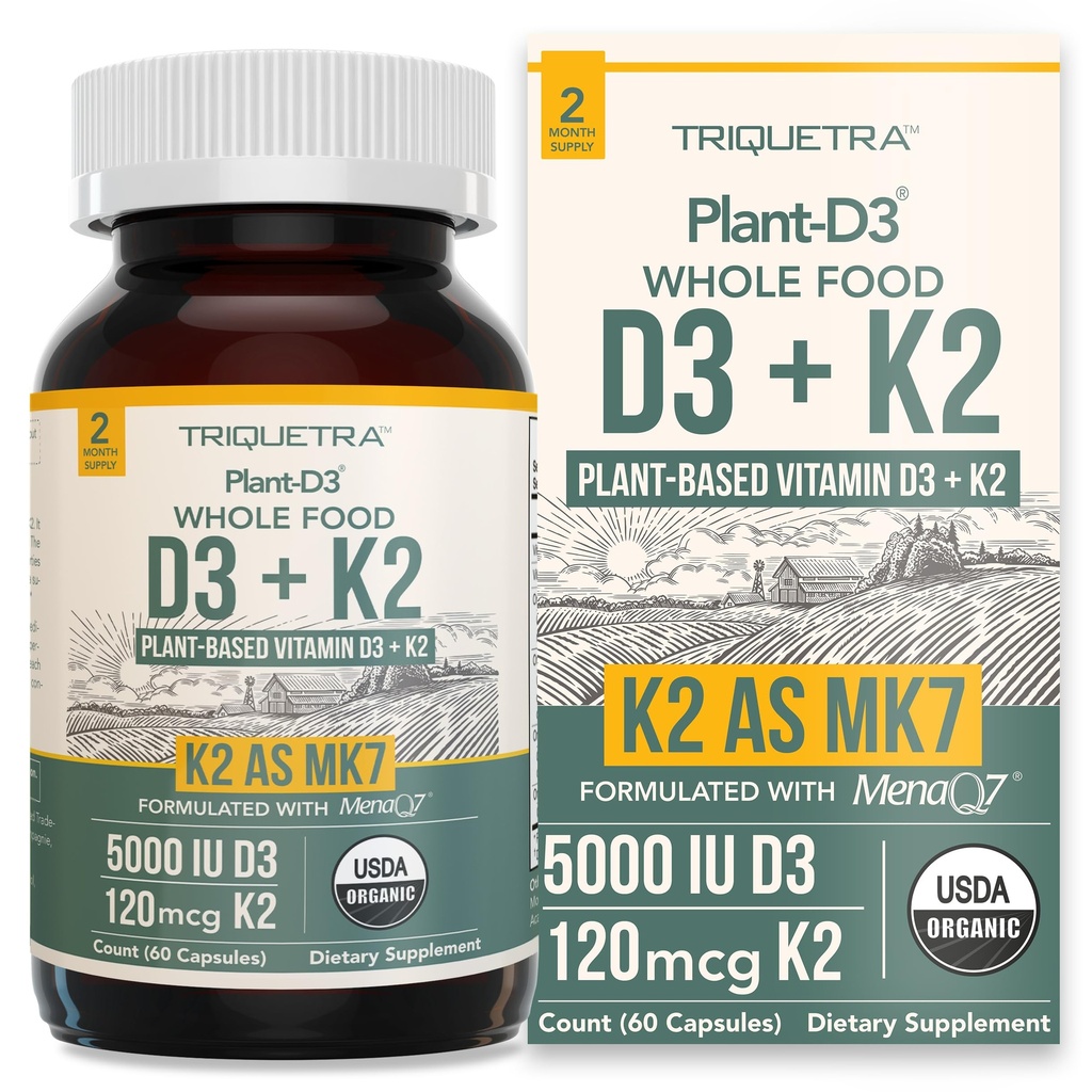 Plante biologique D3 + K2= 5000 iu D3 + 120 mcg K2 comme MK7 tout-trans de MenaQ7® - 100 % d'aliments entiers, crus et végétaliens