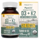 Plante biologique D3 + K2= 5000 iu D3 + 120 mcg K2 comme MK7 tout-trans de MenaQ7® - 100 % d'aliments entiers, crus et végétaliens