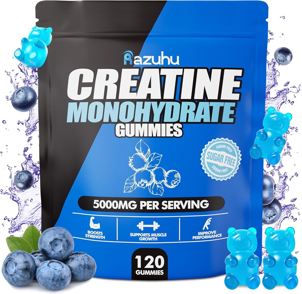 Pré-entraînement hcl créatine monohydraté Gummies, 120 Bleu mâche pour les hommes (Blueberry), créatine hcl Supplément énergétique pour les femmes, lactosérum Isolation des protéines Source vitale Gummies féminines