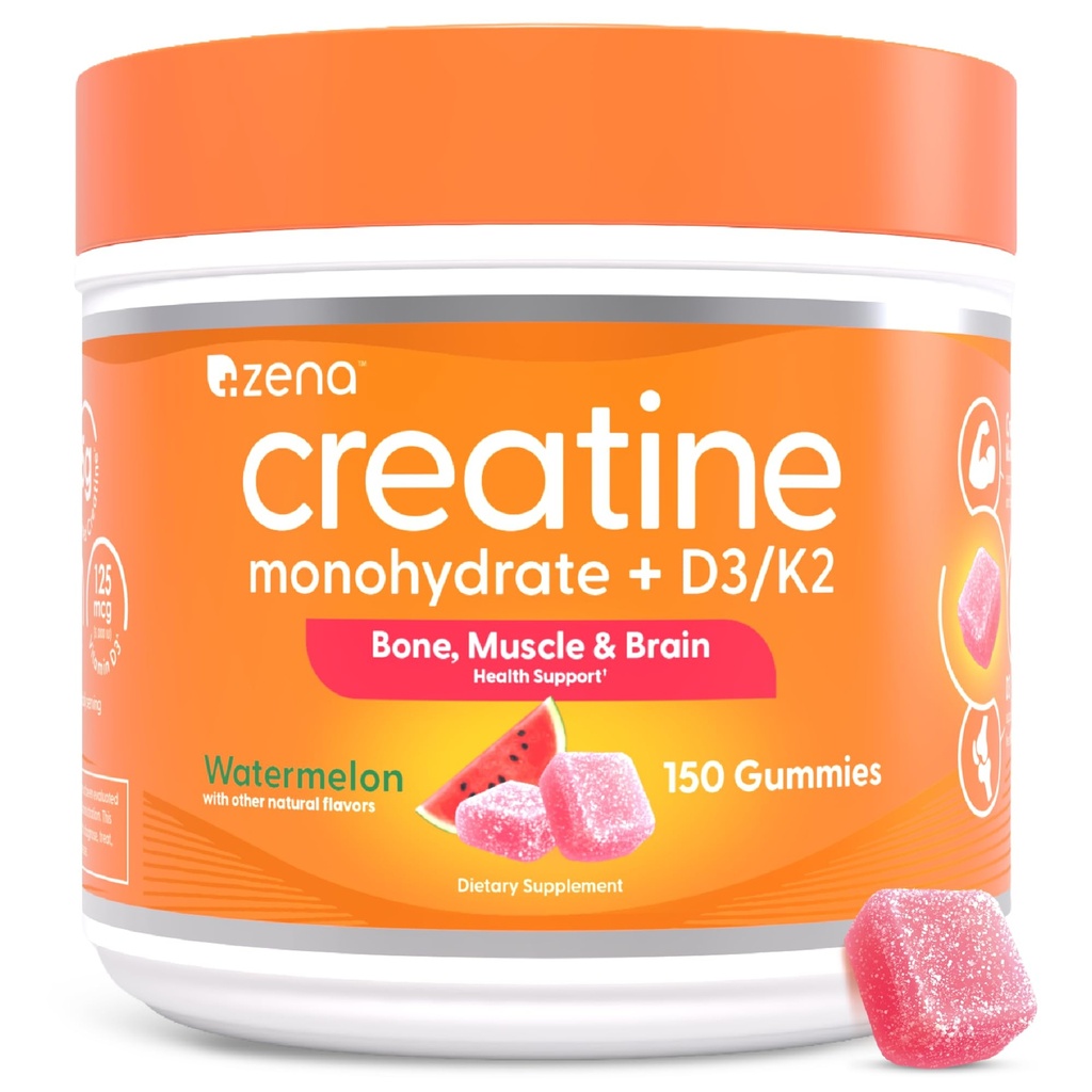 Zena Nutrition Creatine Gummies with D3 & K2, Creatine Monohydrate for Men and Women, Supports Bone, Muscle, & Cognitive Health, Gummy Workout Supplement, Watermelon Flavor, 150ct, 30 Daily Servings