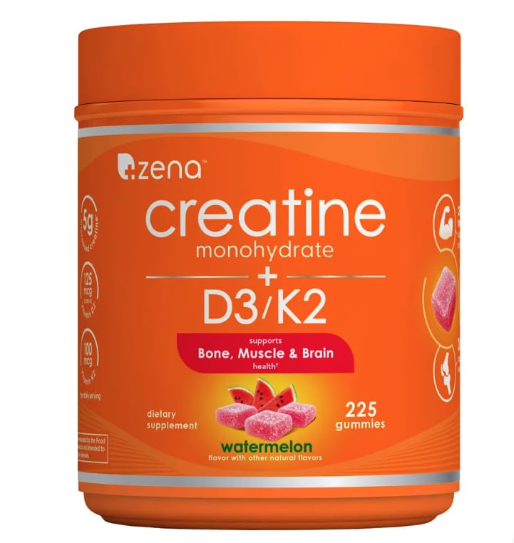 Zena Nutrition Creatine Gummies with D3 & K2, Creatine Monohydrate for Men and Women, Supports Bone, Muscle, & Cognitive Health, Gummy Workout Supplement, Watermelon Flavor, 225ct, 45 Daily Servings