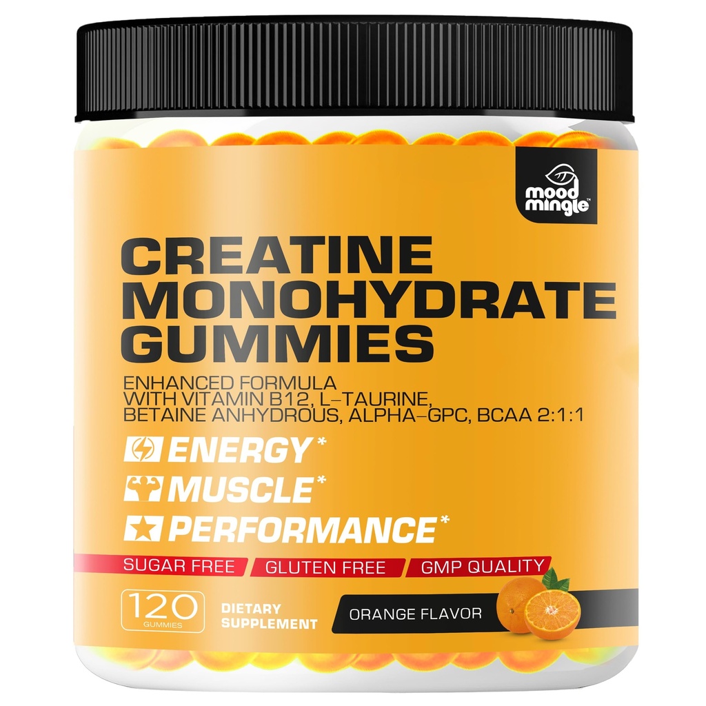 Creatine Monohydrate Gummies 5g for Men Women - Sugar Free Chewable Vegan Supplement - Enhanced Formula with Vitamin B12 L-Taurine Betaine Anhydrous Alpha-GPC BCAA 2:1:1