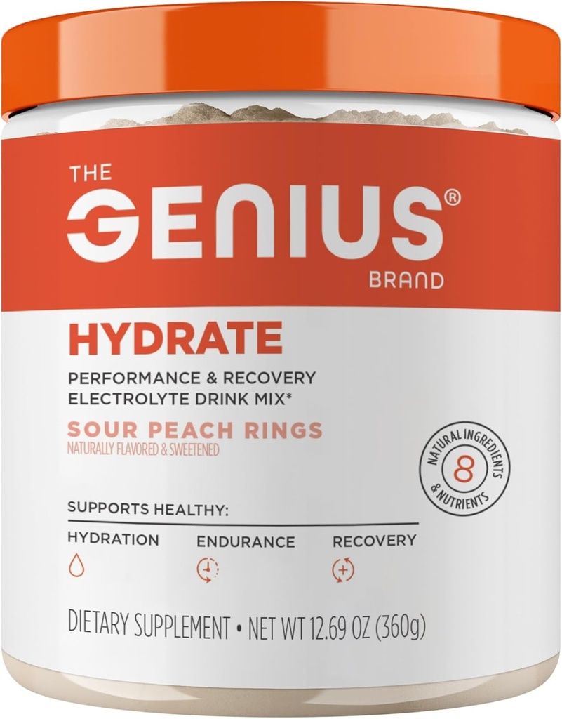The Genius Brand Genius Hydrate - Supplément électrolytique pour l'hydratation quotidienne - Eau de coco - Sans sucre - 8 minéraux et nutriments essentiels - Non-OGM - Anneaux de pêche acides - 50 portions
