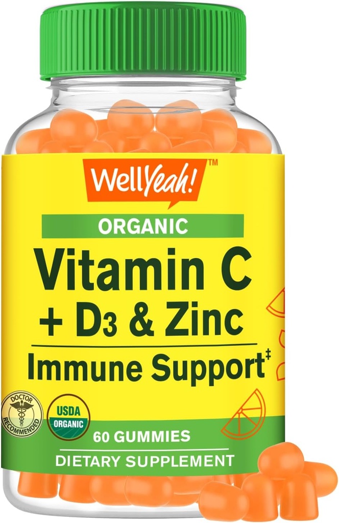 WellYeah Organic Vitamin C + D3 + Zinc Gummies - Immune Boosting, Antioxidant-Rich, and Bone Health Supporting, USDA Organic, Vegan, and Non-GMO - Gluten-Free, Nut-Free Gummy - 60 Count
