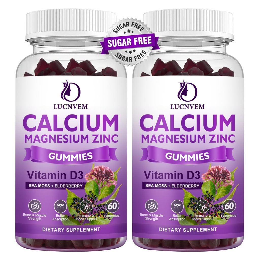 (2 Pack) Sugar Free Calcium Magnesium Zinc Gummies, Calcium Magnesium 2:1, Contains Magnesium Glycinate, Vitamin D3, Sea Moss, for Bones, Muscles, Calm Mood & Sleep Support, Vegan, 120 Gummies