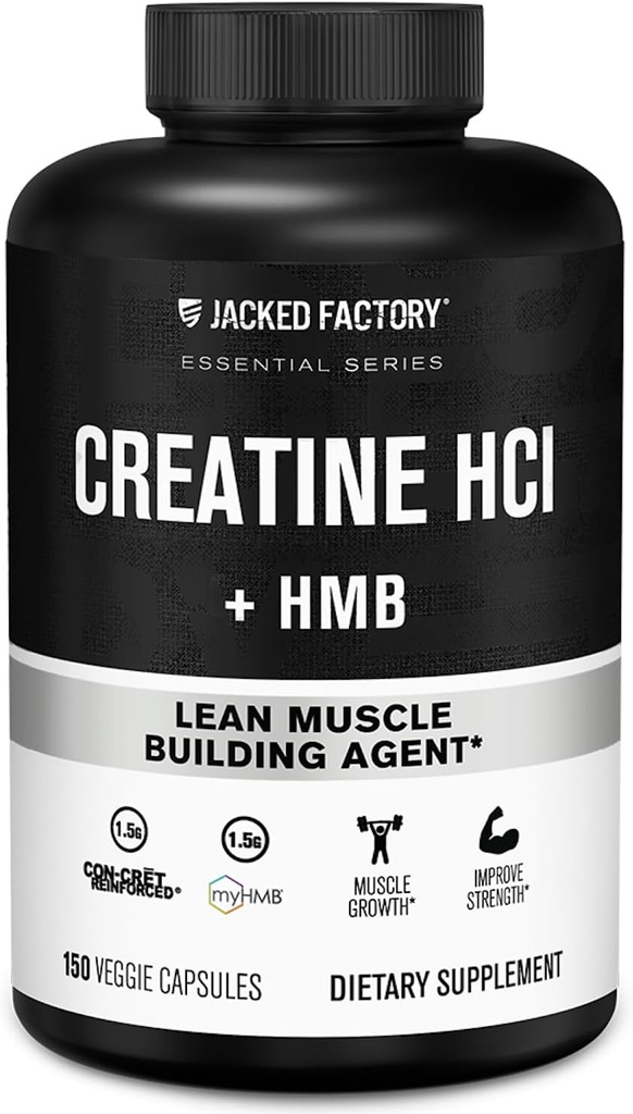 Creatine HCL + Capsules HMB Jacked Factory - Formule synergique CON-CRET, myHMB et vitamine D pour une meilleure croissance, résistance et réduction de la répartition musculaire - 150 Capsules