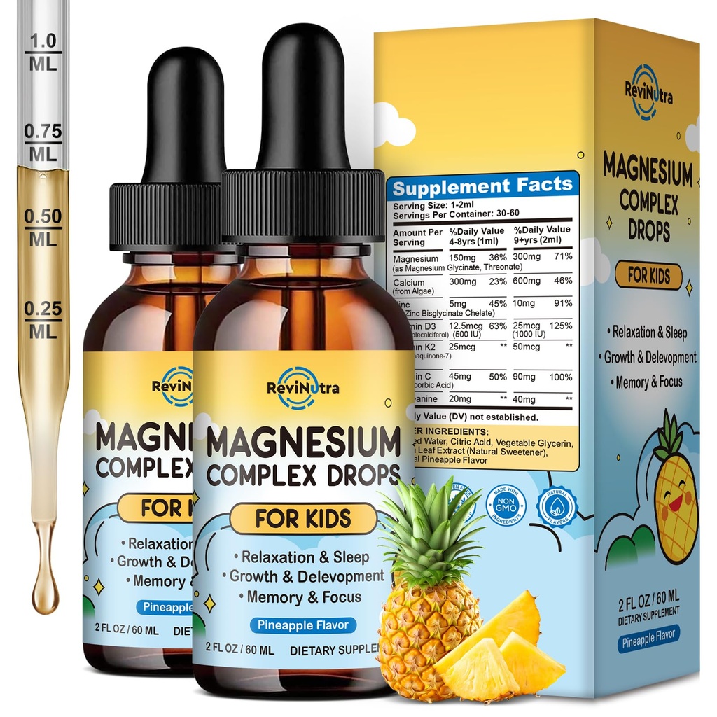 Kids Magnesium Glycinate Liquid Drops, Magnesium for Kids with Calcium, Zinc, L-Theanine, Vitamin D3 K2, C for Sleep, Relaxation, Calm, Focus, Brain,Mood, Bones & Muscles - Pineapple Flavor 2 Pack