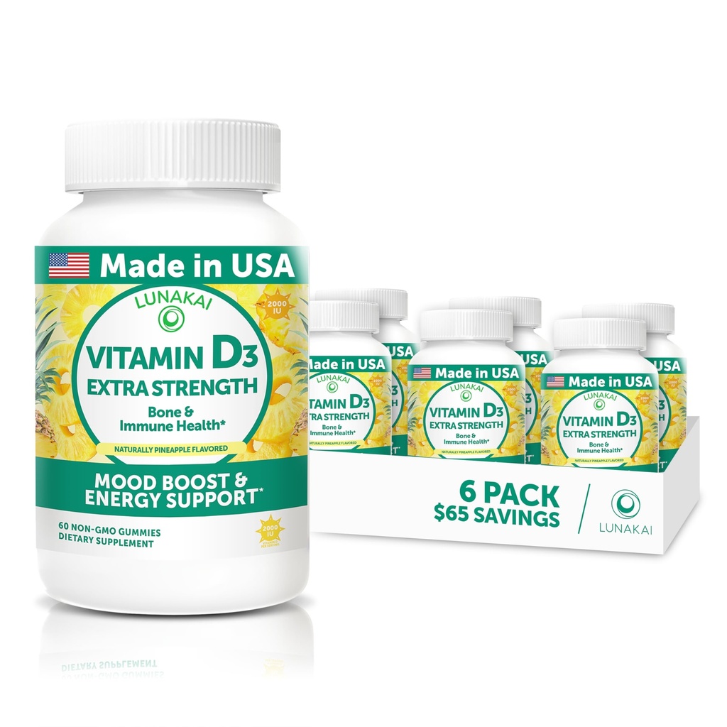 Lunakai USA Made Vitamin D3 Gummies 2000 IU - Non-GMO, Gluten-Free Vitamin D Gummies for Women & Men - Bone, Immune & Energy Support, 60ct, 6 Pack