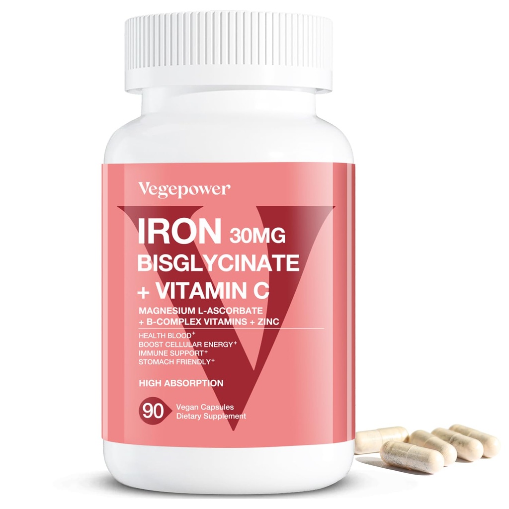 Suppléments de fer pour les femmes hommes, Bisglycinate de fer végétalien 30mg Plus vitamine C, B12, acide folique - pilules de fer pour l'anémie, le sang de santé et le soutien énergétique - doux, haute absorption, non-OGM - 90 capsules