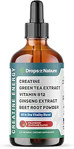 Creatine monohydratée et vitamine B12 gouttes - avec poudre de racine de betterave, thé vert biologique et ginseng - végétalien, absorption plus rapide que les gommes créatine - support énergie et vitalité (Lémonade aux mûres, 60mL)