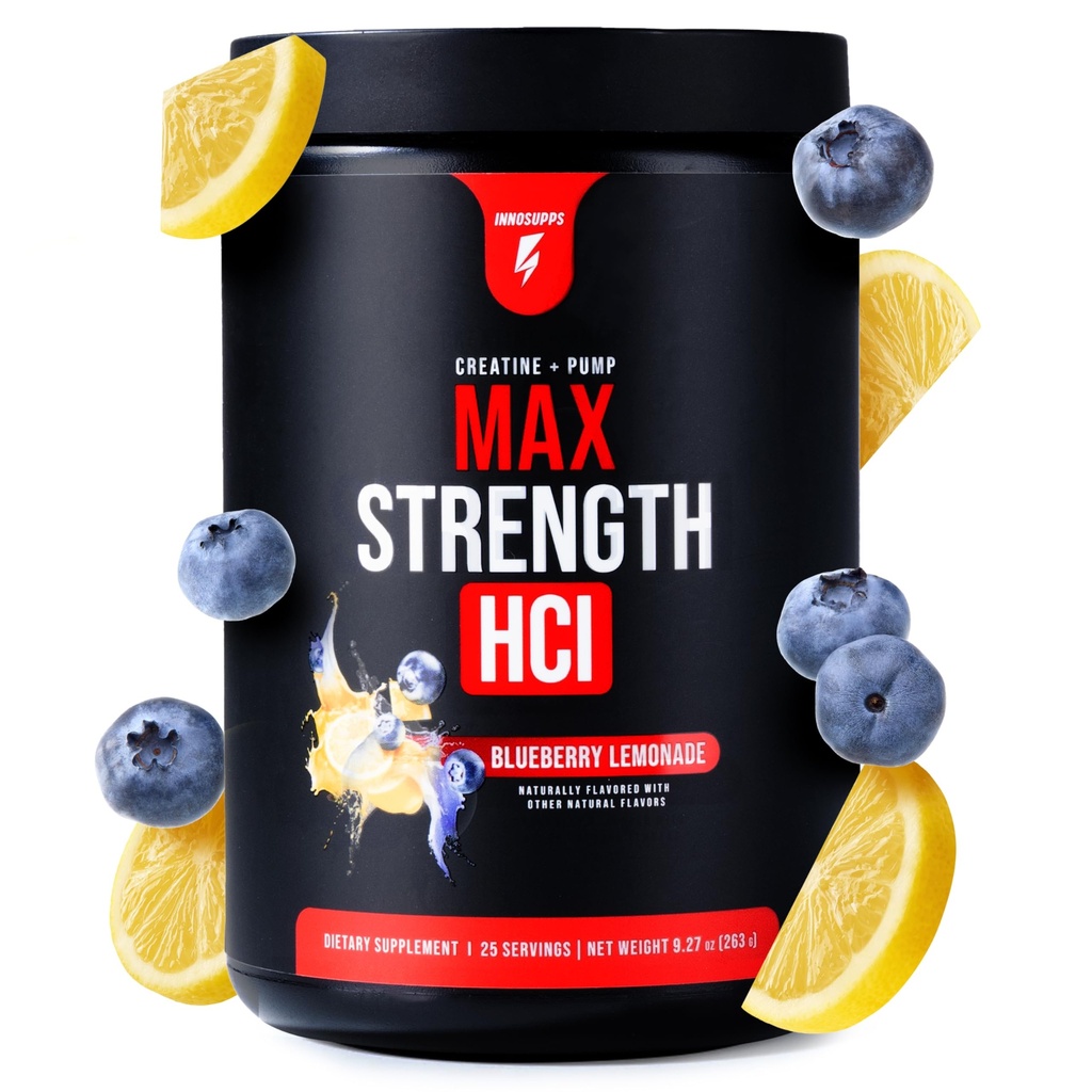 Max Strength HCl - Pre Workout Creatine HCl Powder for Muscle Growth, Endurance & Recovery - No Bloat, Superior Absorption - Pre and Post Workout Supplement for Men & Women (Blueberry Lemonade)