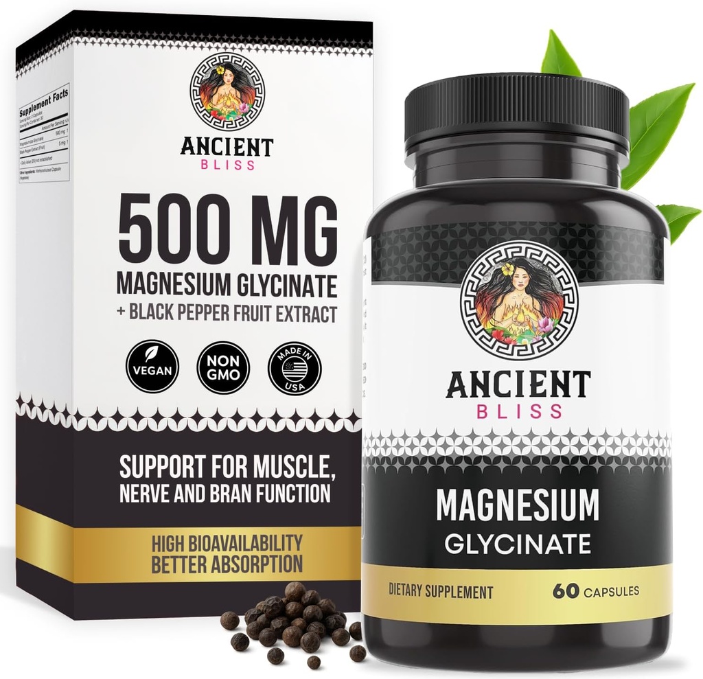 Glycinat de magnésium pour les muscles et les nerfs, supplément de soutien digestif et immunitaire, supplément de magnésium pour les femmes et les hommes (60 capsules)