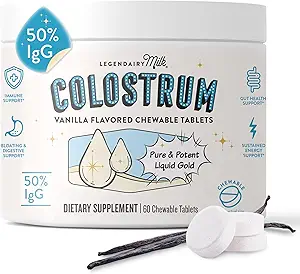 Complément de colostrum au lait légendaire - Colostrum bovin premium pour les humains - 50 % d'IgG Immunoglobuline pour le soutien immunitaire et la santé des ovules - Récupération de l'énergie et des muscles - Comprimés à croquer Vanille, 30 portions