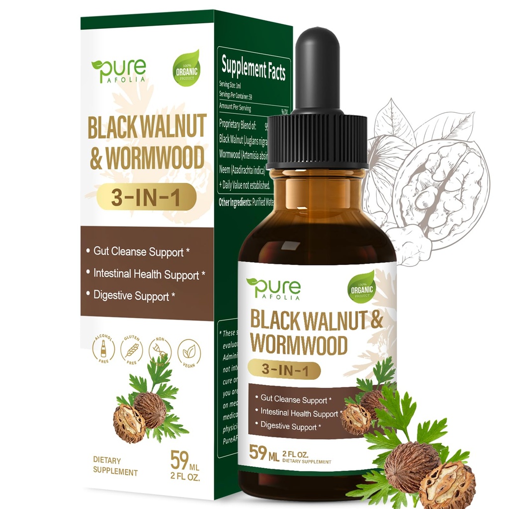 Black Walnut Wormwood Drops, 3-in-1 Herbal Gut Cleanse & Intestinal Health Support with Neem Extract for Digestive Detox, Fast Absorption Alcohol-Free Liquid Tincture, 2 fl oz